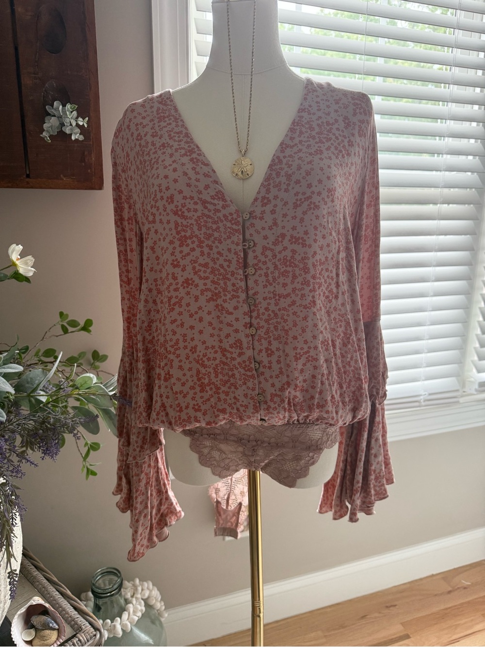 Free People Dusty Rose Floral V-Neck Button-Front Blouse